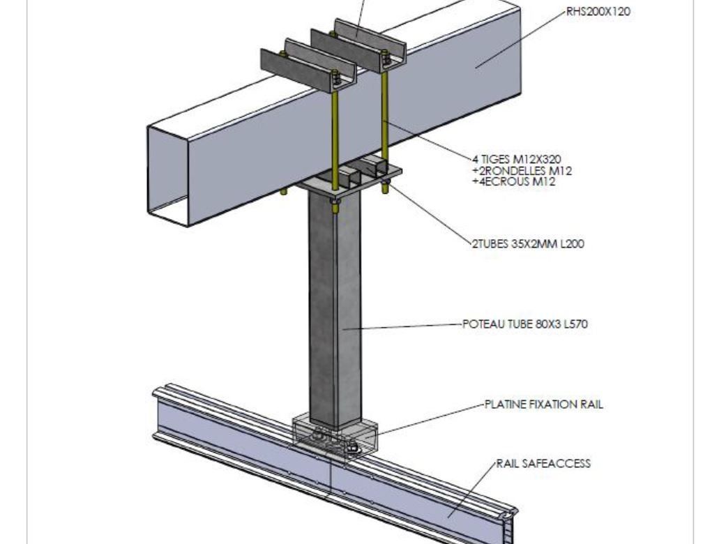 Modélisation de l`interface sur mesure en la rail Safeaccess et l`élément de charpente en tube métallique.