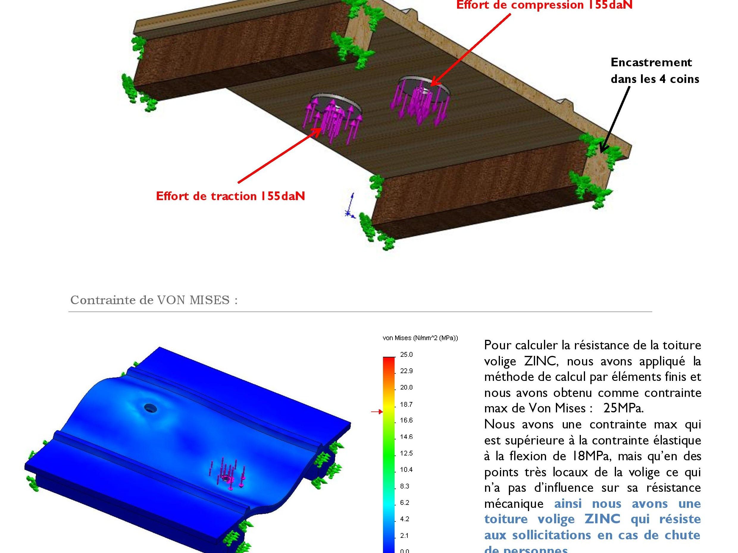Simulation de contrainte sur la structure porteuse chevrons/volige/cuivre