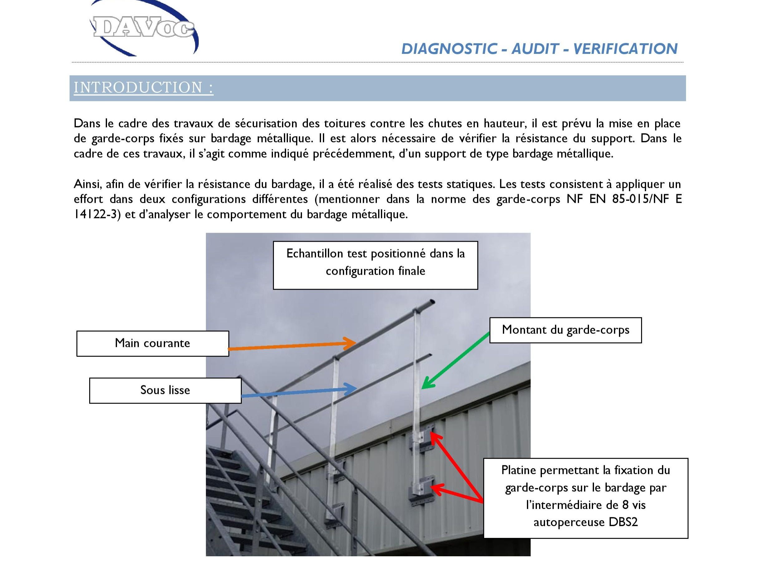 Rédaction du rapport de test du garde-corps fixé par rivets sur bac acier.