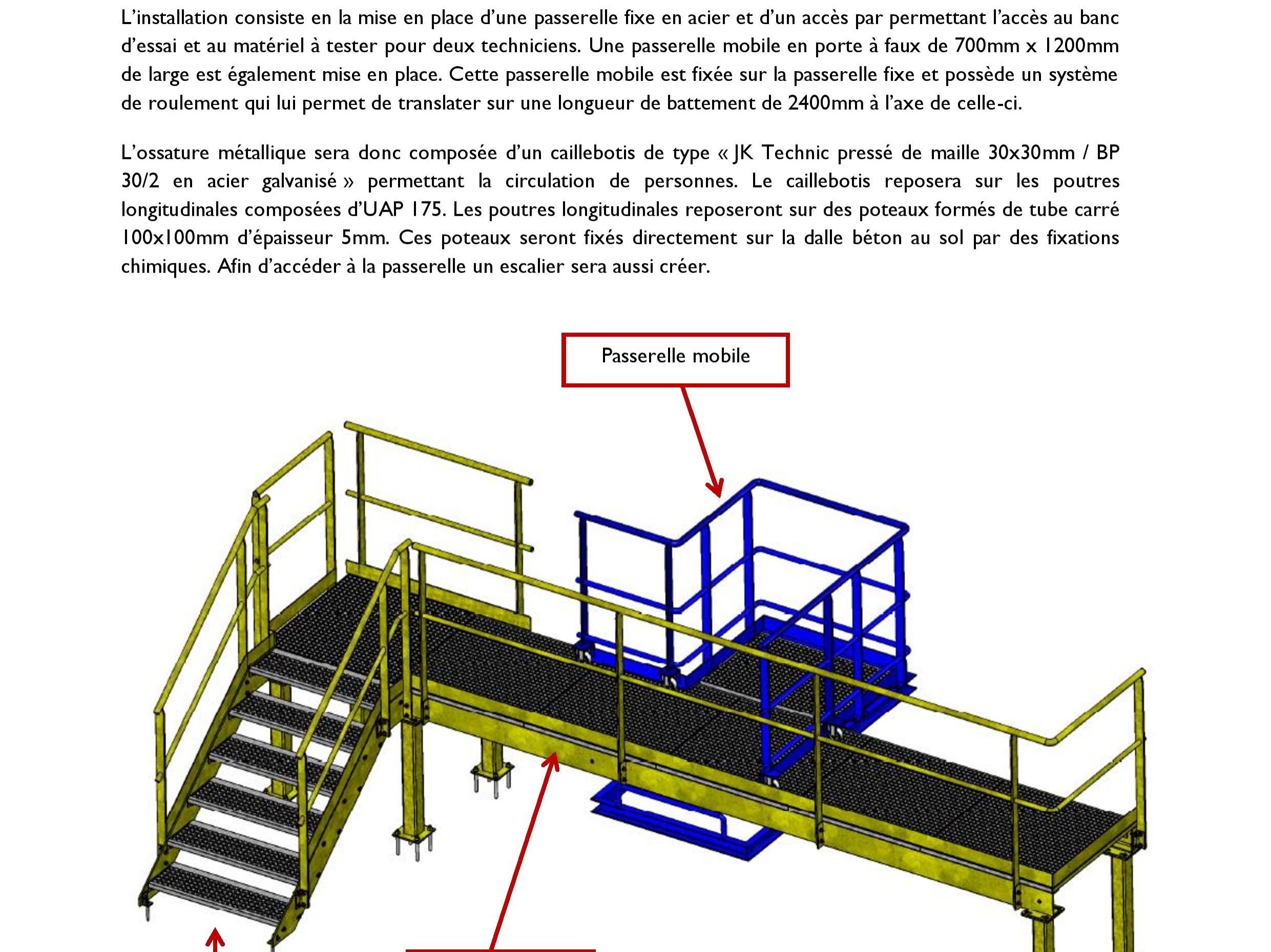 Préconisation / Modélisation d`une solution technique de type escalier métallique + passerelle métallique + plateforme métallique sur rail de guidage, pour le réglage des zones de sécurité contre les chutes.
