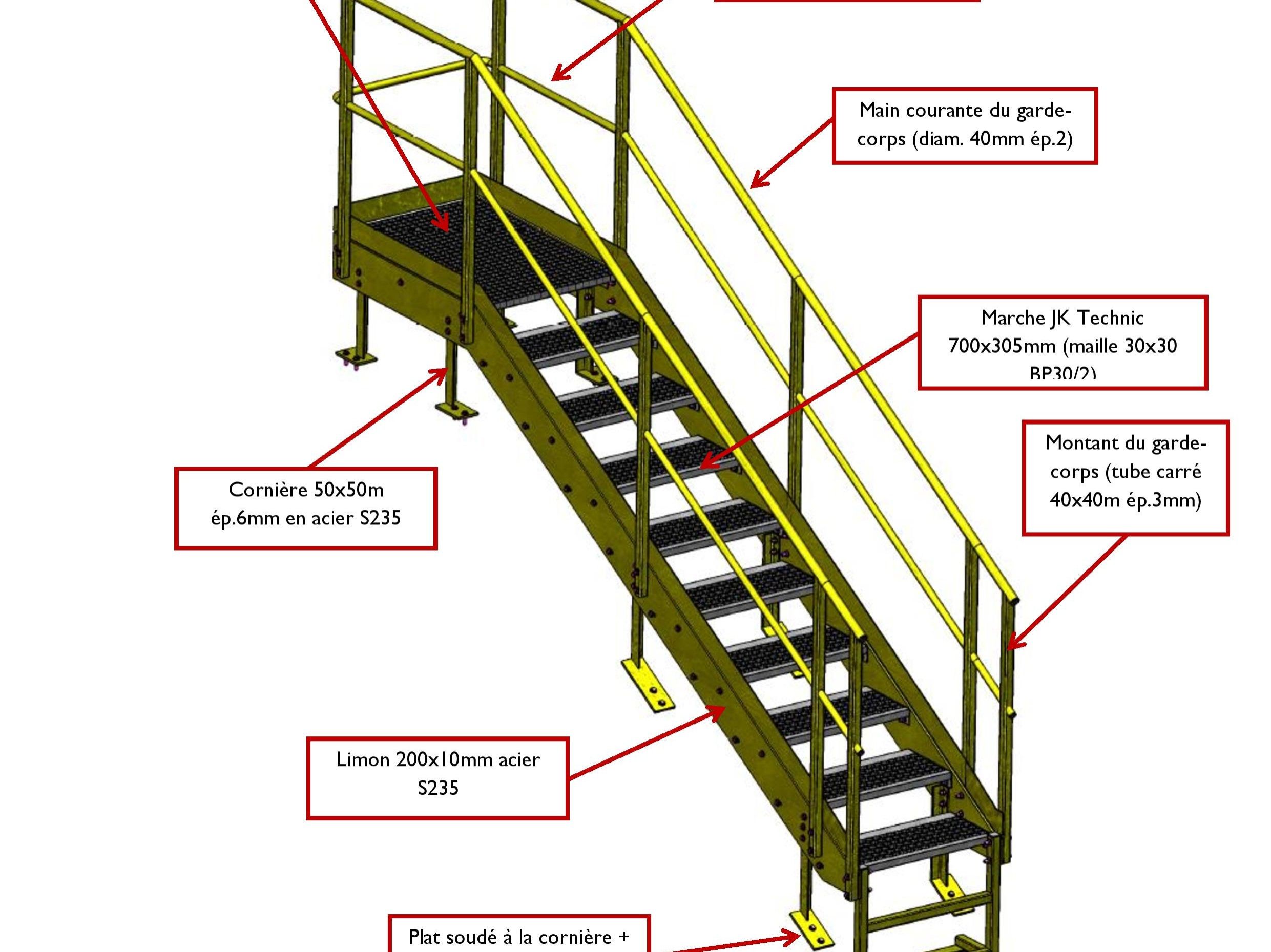 Préconisation / Modélisation d`une solution technique de type escalier métallique + plateforme de travail métallique avec garde corps sur mesure.