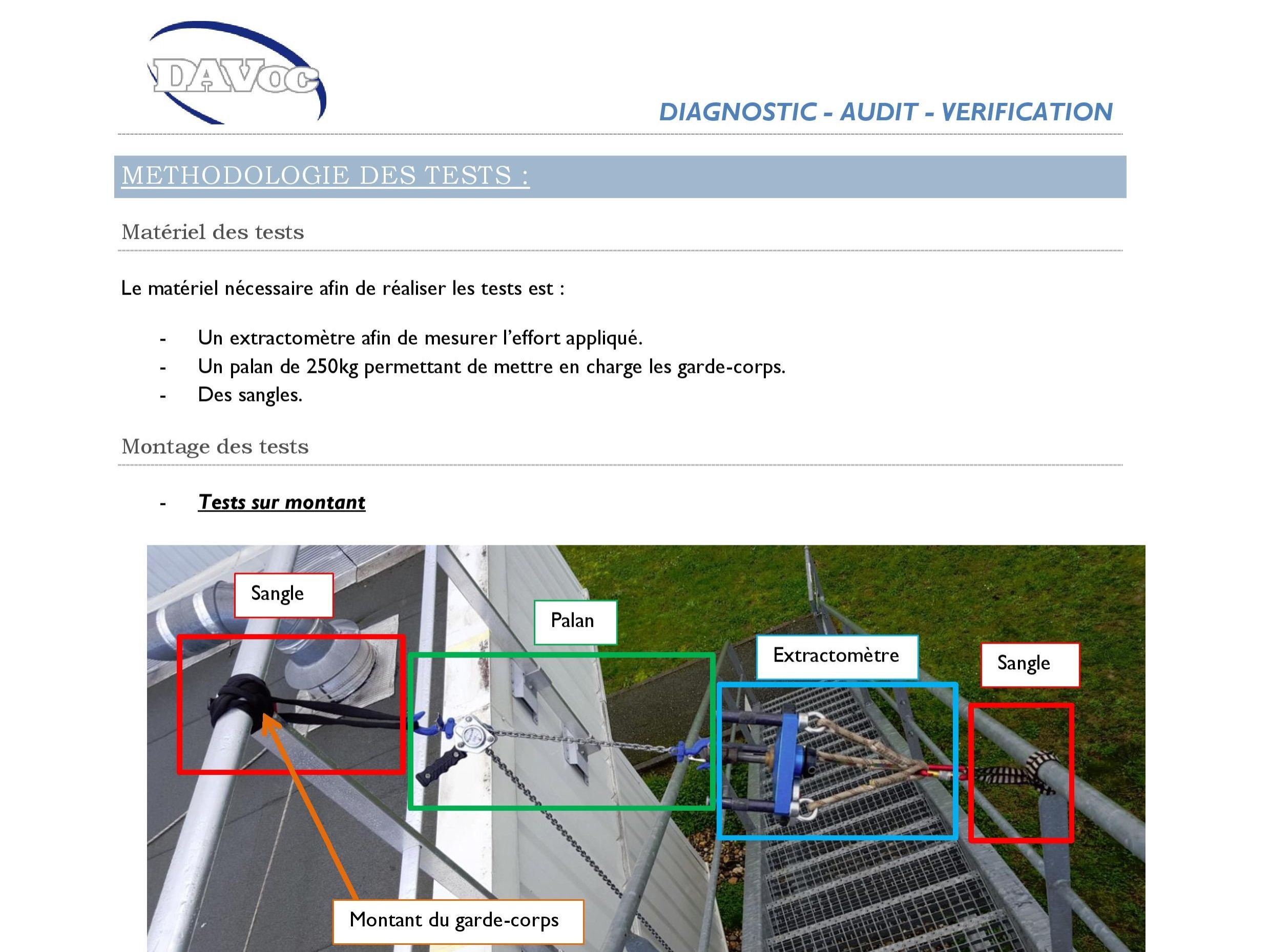 Description du test des garde-corps Vectaco sur façade, avec dynamomètre.